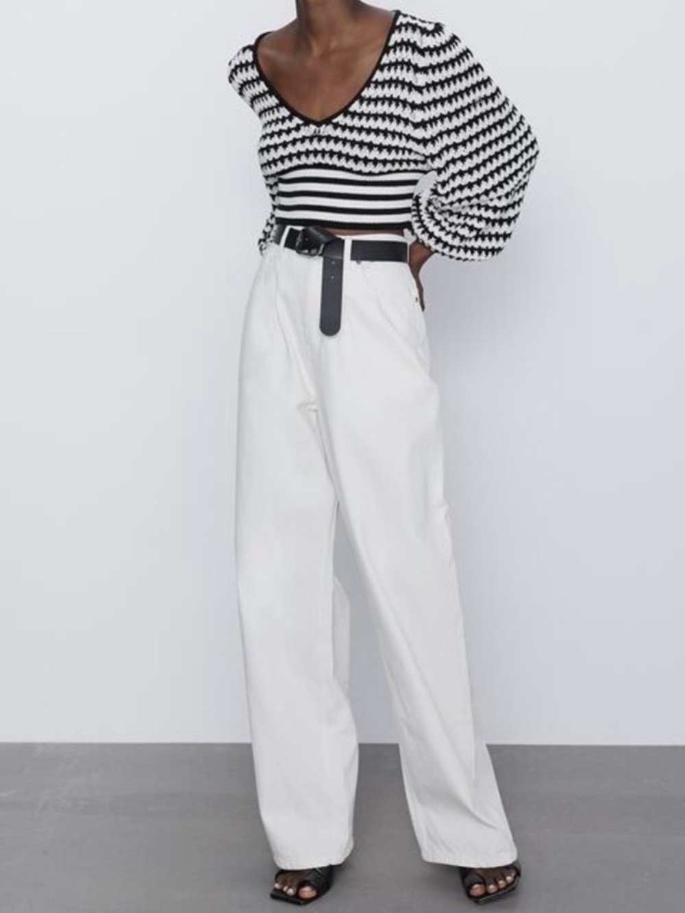 Zara Black & White Striped V-Neck
